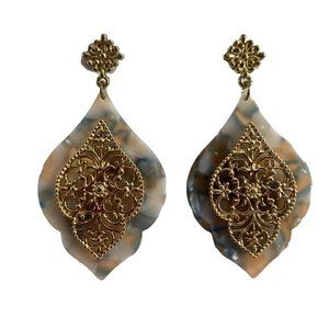 Acetate Resin Gold Tone Filigree Dangle Post Earrings Multicolor 2.5" Long